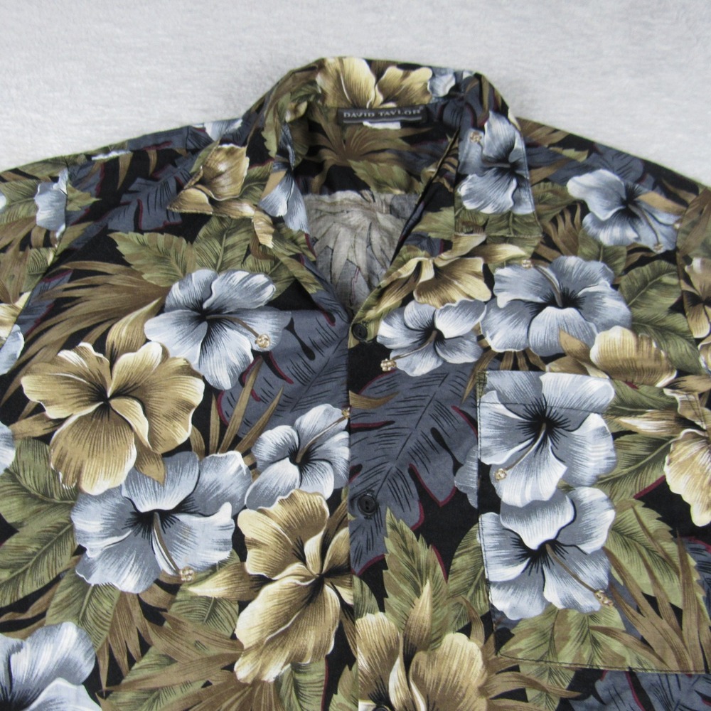 David Taylor Hawaiian Shirt Men's Medium Black Tropical Floral Camp S/S - Picture 6 of 8